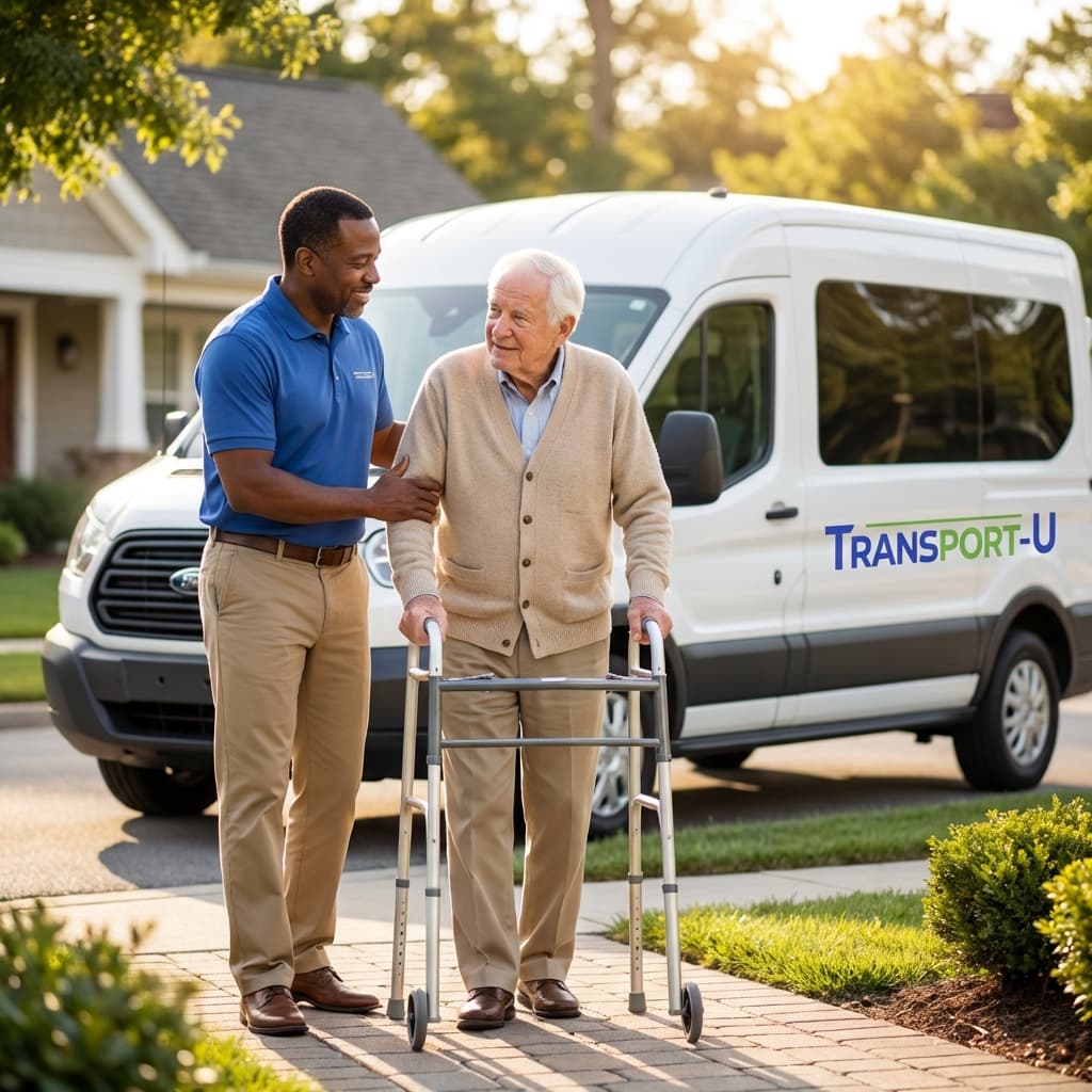 Professional Transport-U driver assisting elderly passenger in wheelchair
